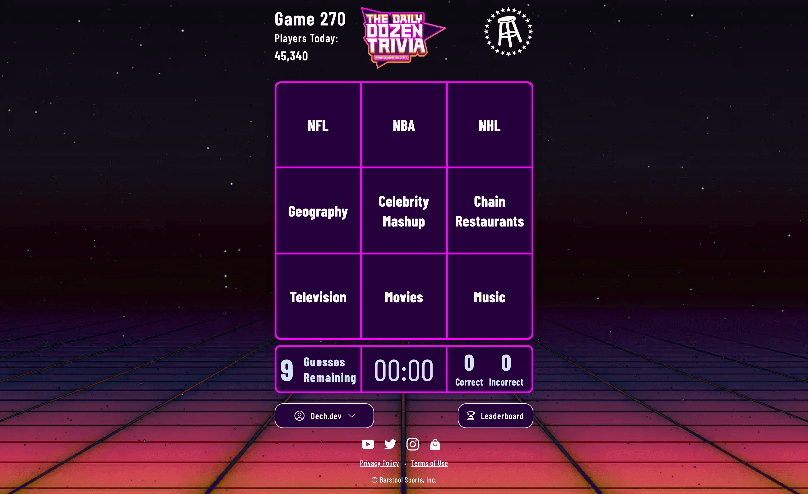 Daily Dozen Trivia: a grid of daily trivia categories and questions